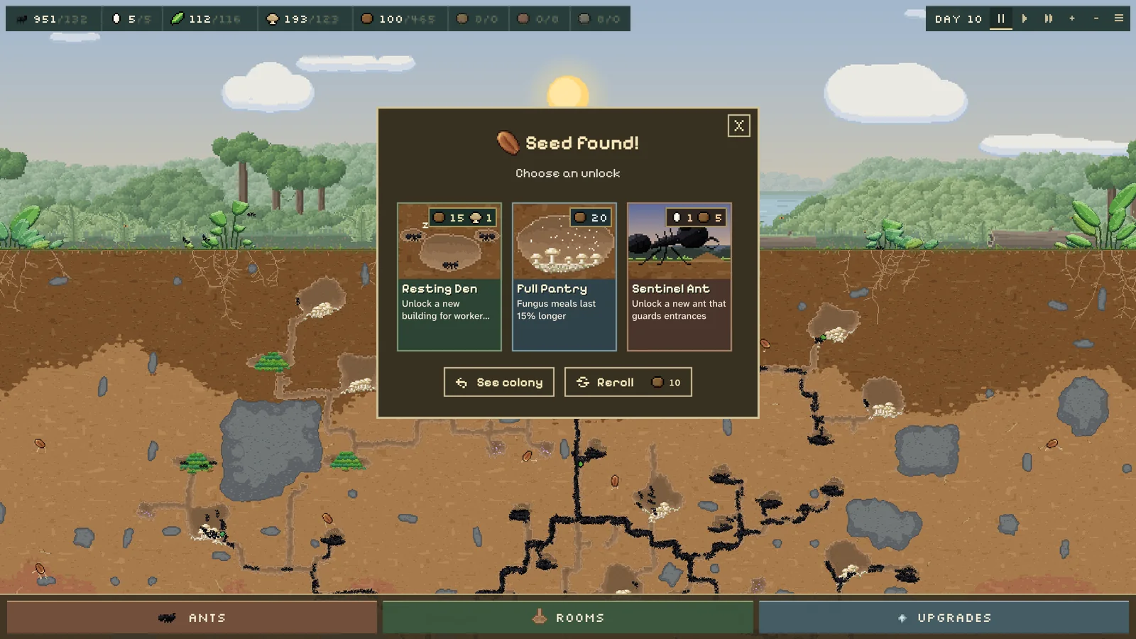 A seed reward offering three bonus cards in Ant Architect
